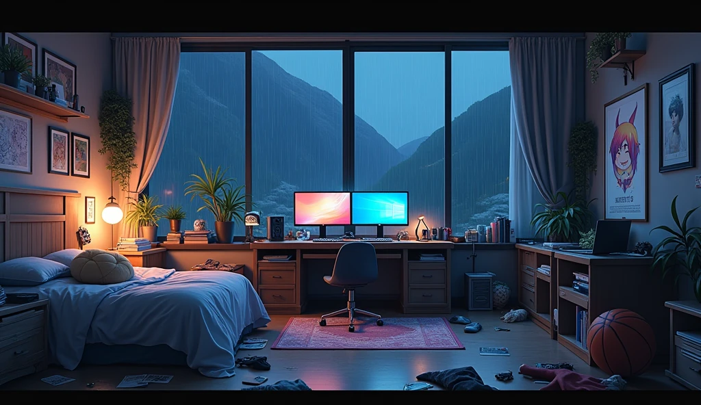 a very large bedroom, one desktop computer with two screens, 2 laptops, 1 phone (no-character:1.4), on the computers screens runs Linux and a development IDE, picture from far, large windows, night outside, raining, one guitar, one basketball ball, clothes thrown on the bed and on floor, on the wall there is a poster of Chino Kafu, masterpiece, precision, ultra-realistic, anime art, In the style of Makoto Shinkai。master piece, ultra detail