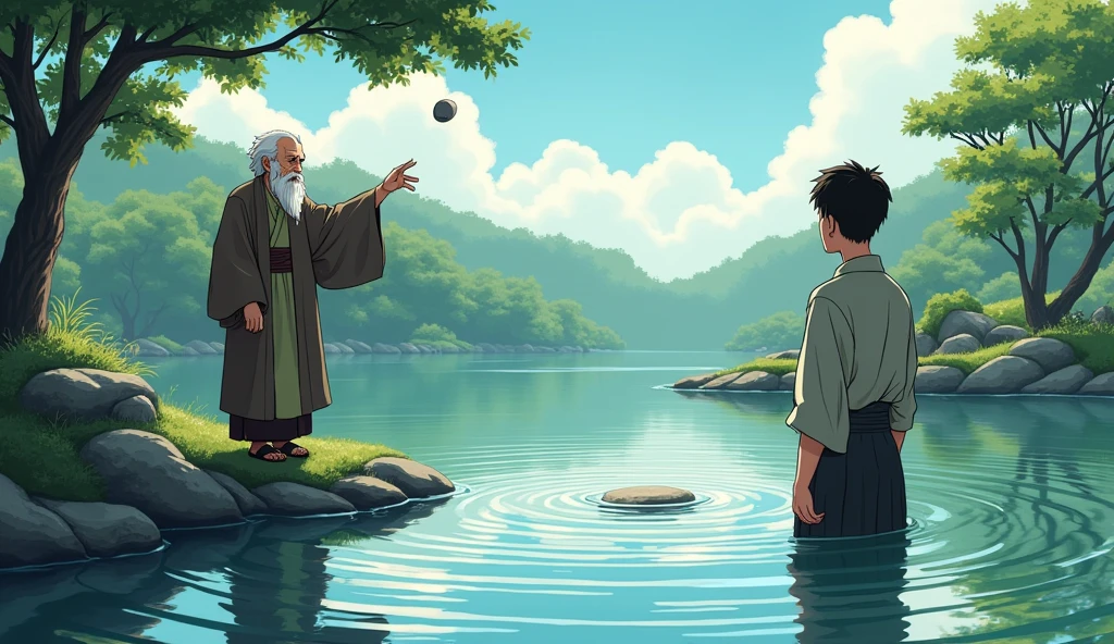 Master Koji throws a small stone into a still pond. Hiro watches as ripples spread across the water, distorting the reflection of the sky and surrounding trees.
Create a scene where an old Zen master tosses a small stone into a tranquil pond, causing ripples. The master, Koji, wears simple robes and has a thoughtful expression. A young man, Hiro, watches the ripples, reflecting the sky and trees. The setting is a quiet, peaceful garden in comic style 