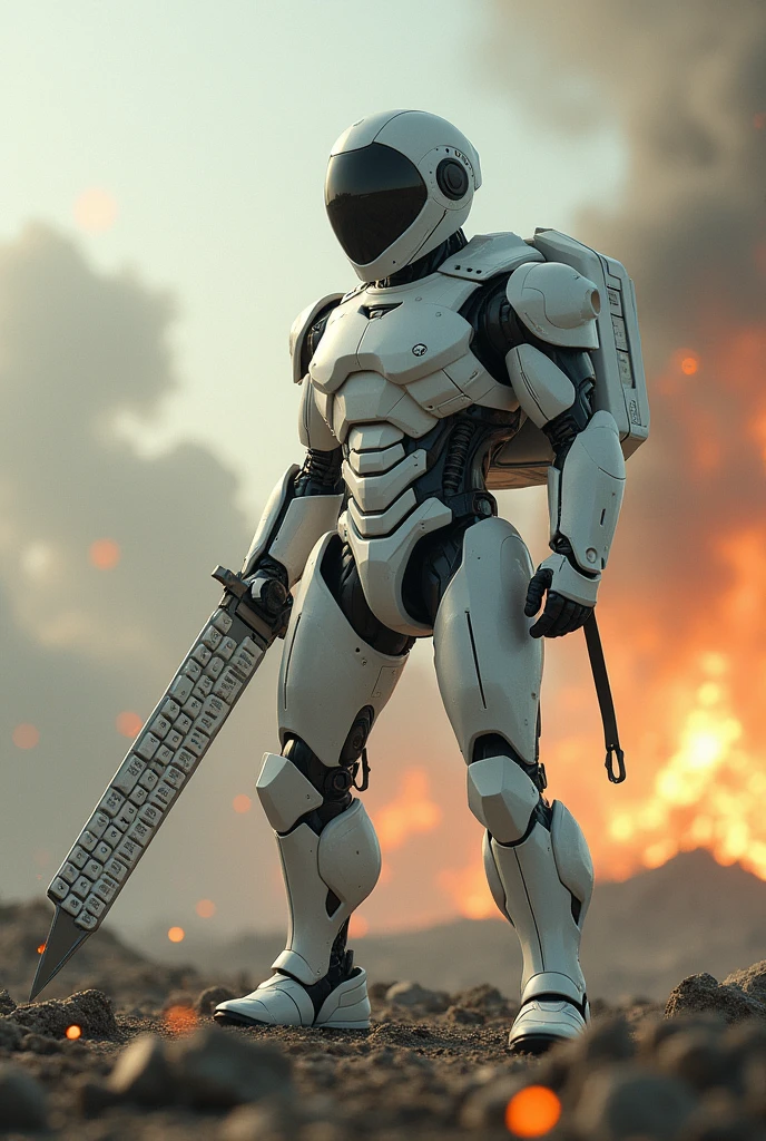 Man wear cyberpunk robocop armor suit white keyboard PC concept. Long mechanize Sword from classic white keyboard. Keyboard pad design as sword. Binoculars eyes . Holding keyboard sword. War background. Bombing effect background. Backpack PC keyboard.
