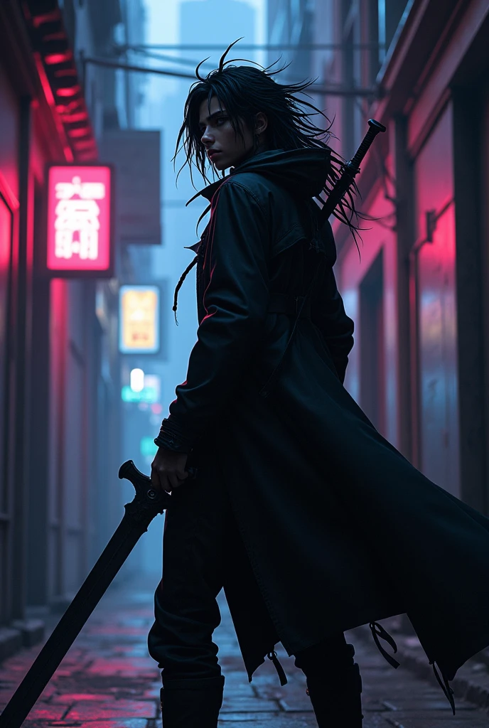 imagine Kirito, Sword Art Online, black skin, dreadlocks, standing in a dimly lit alleyway, holding Elucidator, cyberpunk aesthetic, neon lights, detailed, african style 8k