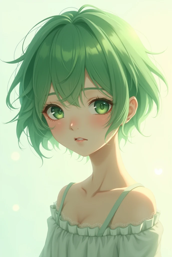 Female anime boy with short hair green hair locks