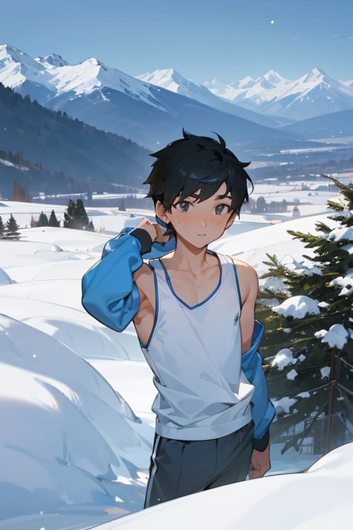 Snowy mountains in the background、An elementary school boy standing wearing a racerback tank top、The sleeve opening of the tank top is wide、tall、Handsome