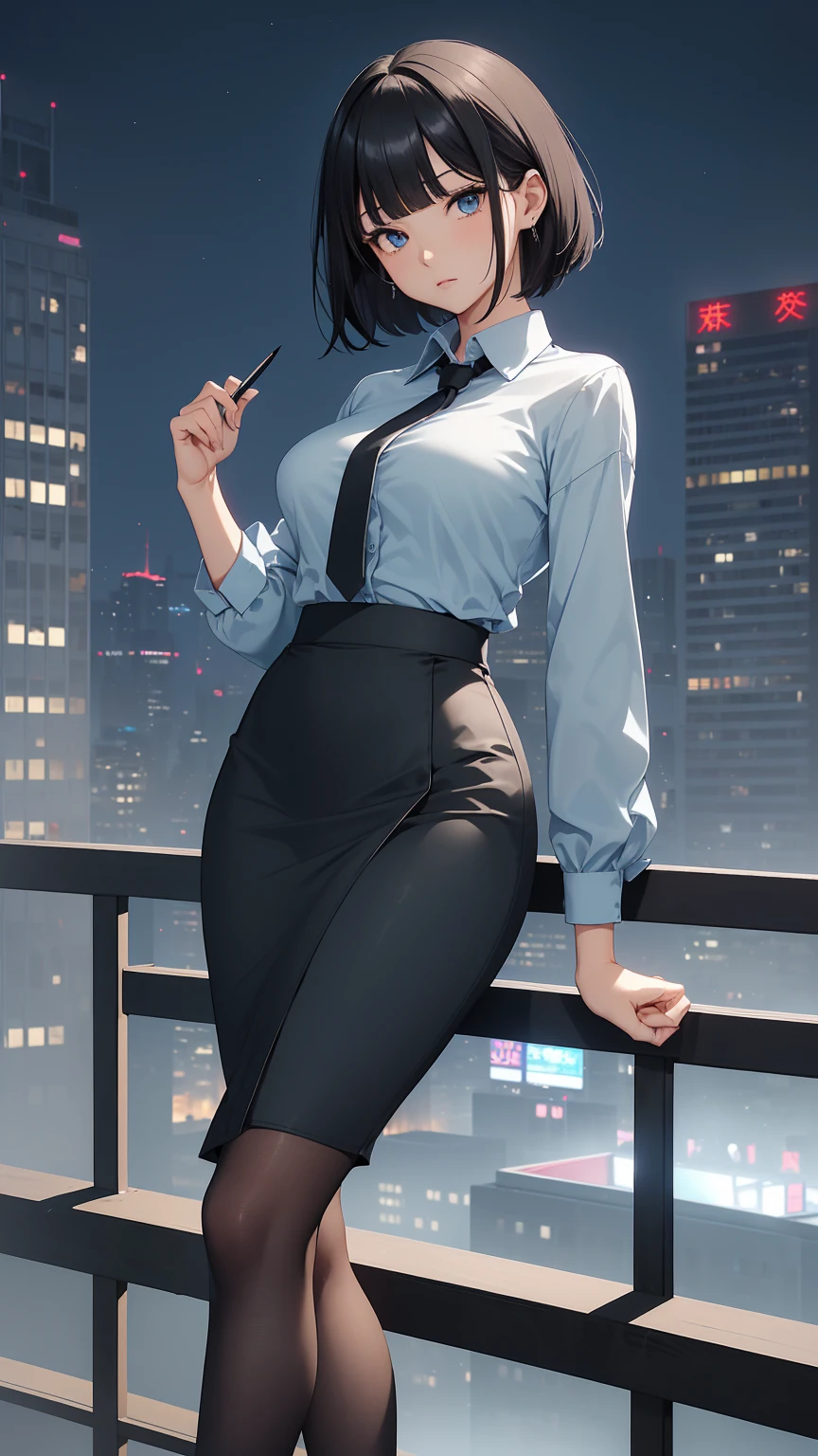 Highest quality, flying debris、Beautiful woman、office lady、Black Hair、(Dark blue eyes、Blunt bangs)、short hair、new employee,whole bodyショット、Female office lady、break(Light blue collarless shirt、black pencil long skirt:1.2)、(black tights、High heels)、break(Modern Office、Night view:1.3)、(((whole body)))、Big Breasts