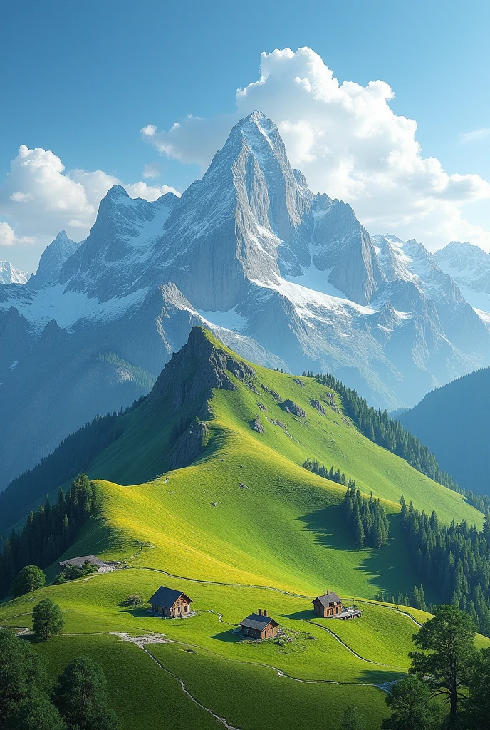 ((Masterpiece))((beautiful))((realistic))green mountain and yellow green tuorqois sky with Oren sky blue snow ,no people,size 4MB,