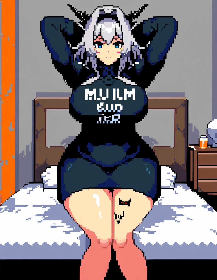 Talulah(Arknights),grey hair,dragon horn,curvy body,fit figure,wearing oversized clothes(Muslim attire),bedroom,legs open,arms behind head,body writing(lewd), night setting, blackout hour,close view,very nsfw, uncensored,((pixel art style)),