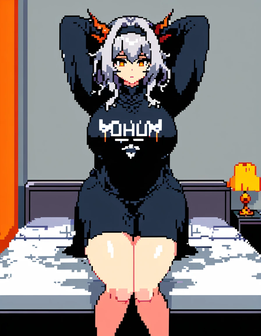 Talulah(Arknights),grey hair,dragon horn,curvy body,fit figure,wearing oversized clothes(Muslim attire),bedroom,legs open,arms behind head,body writing(lewd), night setting, blackout hour,close view,very nsfw, uncensored,((pixel art style)),