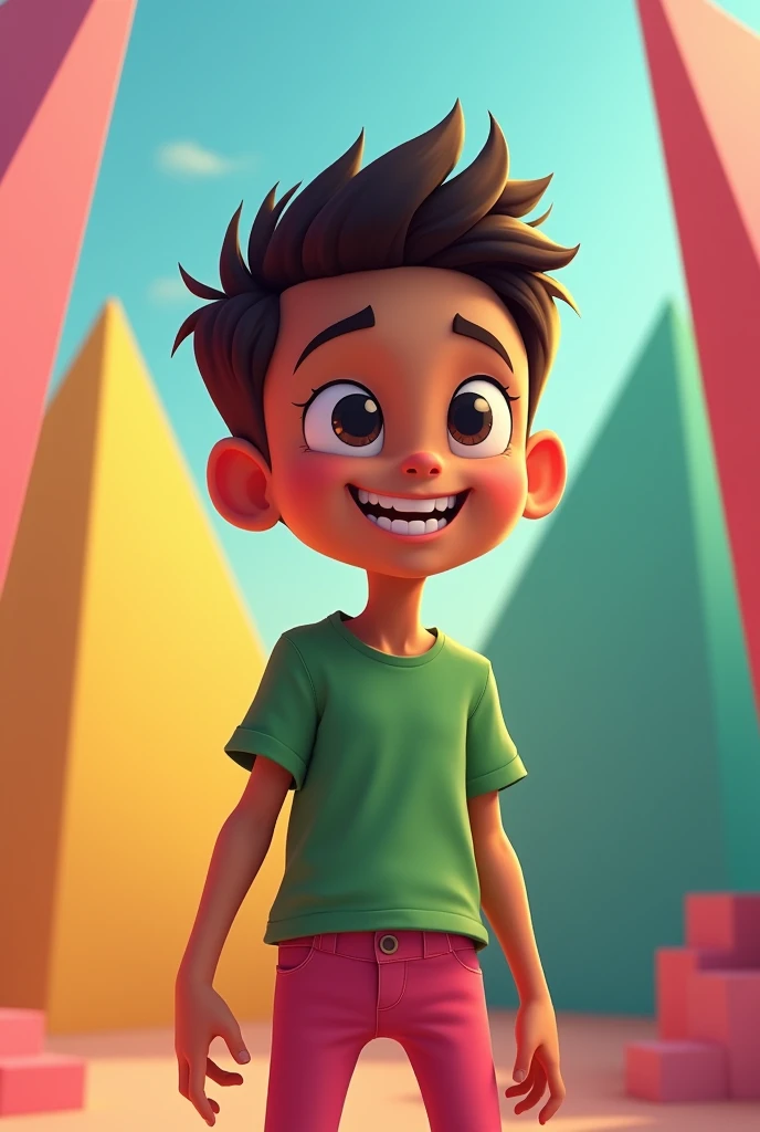 
A brown kid of  with pyramid cube wearing green t shirt and pink skinny long pant 
Slim boy  short hair teeth out
