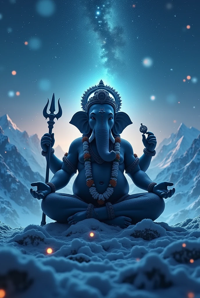 cinematic animated character art, Silhouette of indian elephant headed Lord ganesh meditating in Himalayas at night, strong arms, chubby physique, multiple hands, flower garlands, holding a trident, strong snow Blizzard, snowfall, night sky, glowing fireflies, milkiway galaxy in background, darkness in atmosphere, colour graded, vibrant, 4khd