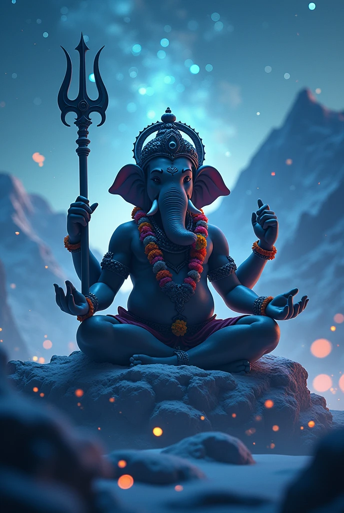 cinematic animated character art, Silhouette of indian elephant headed Lord ganesh meditating in Himalayas at night, strong arms, chubby physique, multiple hands, flower garlands, holding a trident, strong snow Blizzard, snowfall, night sky, glowing fireflies, milkiway galaxy in background, darkness in atmosphere, colour graded, vibrant, 4khd