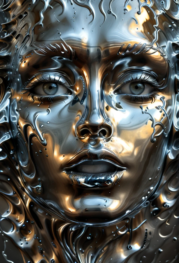 (best quality,4k,8k,highres,masterpiece:1.2),ultra-detailed,(realistic,photorealistic,photo-realistic:1.37),liquid metal face,beautiful detailed eyes,beautiful detailed lips,extremely detailed face,molten liquid metal,chrome,liquid metal sculpture,metallic,shiny,reflective,glowing,surreal,dramatic lighting,cinematic,digital art