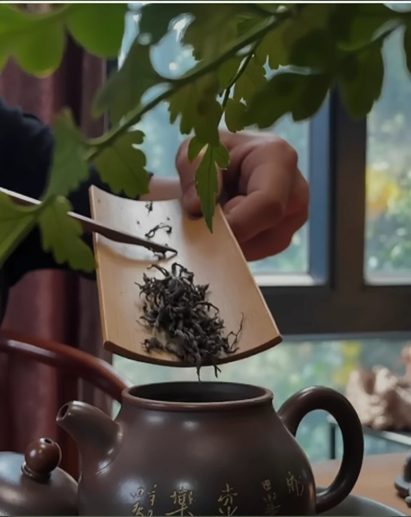 Put green tea leaves into a small ceramic teacup,Very detailed,HD,Clear details