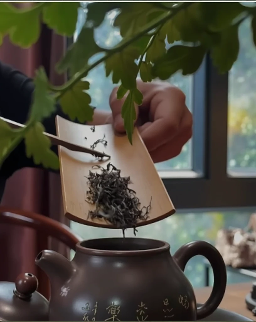 Put green tea leaves into a small ceramic teacup，Very detailed，HD，Clear details
