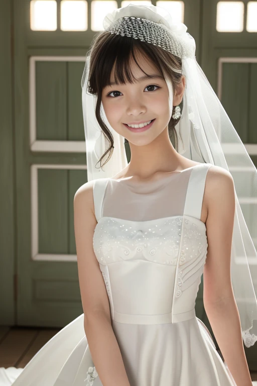 (8k), (masterpiece), (High resolution), (Realistic:1.4), Japanese, 1 girl, (((:1.5))), Childish:1.2, Facing forward, (smile:1.3), happy, ((cute:1.5)), Innocent, (innocent), kind, Elegant:1.5, clear, Double eyelids:1.2, (Dark Eyes), Beautiful eye and skin details:1.5, (Realistic skin texture:1.5), High nose:1.1, (((White Wedding Dress:1.5))), ((White clothes:1.5)), (See-through clothing:1.5), (Décolletage:1.2), Black Hair, Child body type:1.3, (Slender), summer, noon, bright, Chapel, Primary school students, Middle school students, detail fingers, detail arms, detail eyes