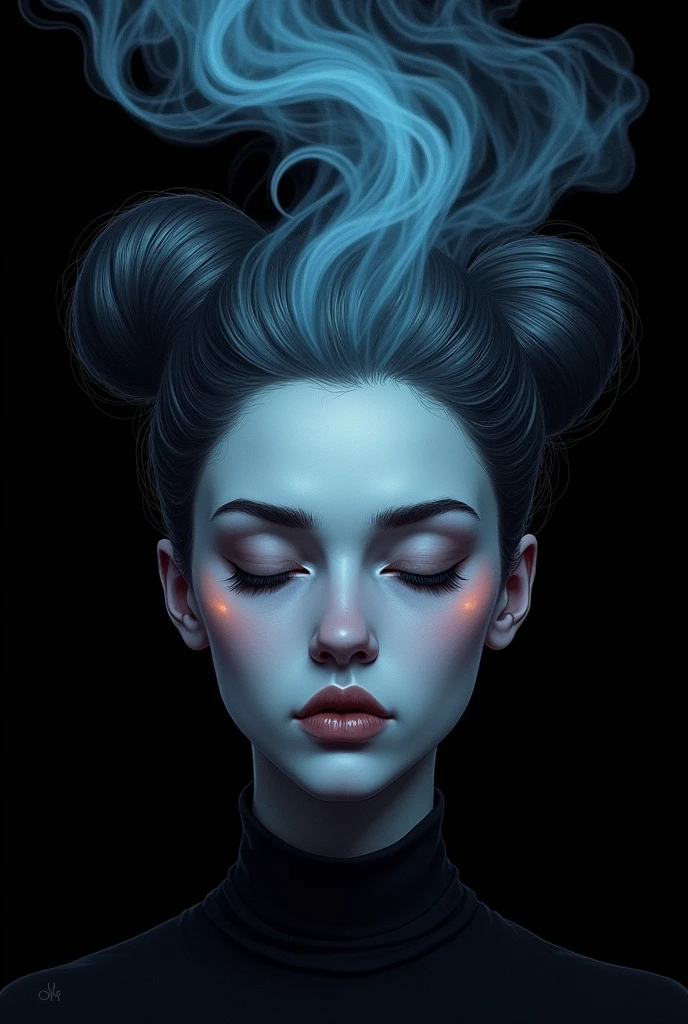 Create a breathtaking, award-winning illustration of a woman's face in a professional, highly detailed style. The image should be in black and white, with the woman's eyes closed. Her hair is styled in a bun, transforming into a cloud of blue and pink light against a black background. Smoke emerges from her mouth, blending into her hair, creating an eerie, unsettling atmosphere. The theme is horror, with a focus on a dark, spooky, and suspenseful mood. The style should be dystopian, bleak, and post-apocalyptic, conveying a somber and dramatic tone.