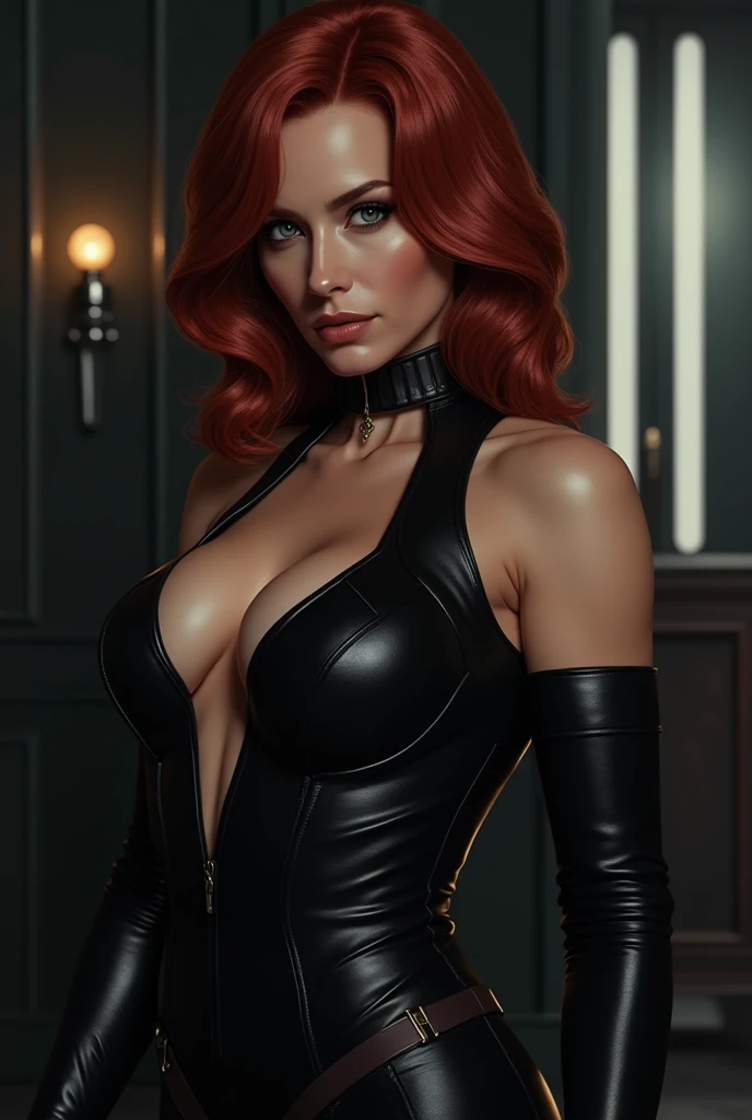 (absurdres, highres, ultra detailed), masterpiece, Sophie Turner as ada wong (resident evil), ((solo)), short red hair, 1girl, skirt suit, tuxedo, black jacket, waistcoat, black bowtie, bodycon skirt, black clothing, miniskirt, closed mouth, standing, (((detailed lips))), ((realistic skin)), glowing skin, ((glossy red lips)), portrait, beautiful, normal skin, blue eyes