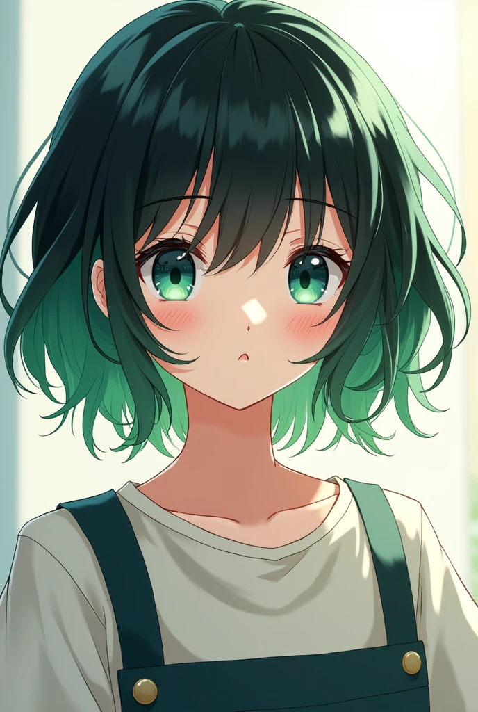 Female anime boy with short hair green and black hair locks