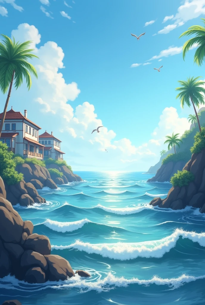 Draw a animated scene where It's early morning in a small coastal town. The morning light is shining on the waves of the sea.