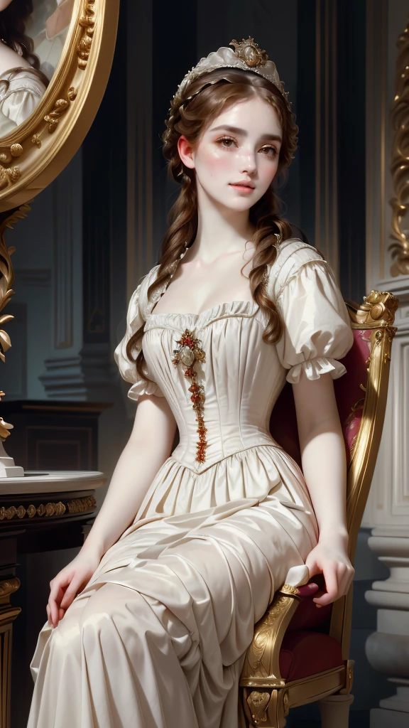 arafed woman in a white dress sitting on a chair, elegant lady with alabaster skin, realistic renaissance portrait, portrait of princess, pale porcelain white skin, rococo queen, inspired by Franz Xaver Winterhalter, renaissance digital painting, porcelain pale skin, renaissance portrait, gorgeous woman, in a high renaissance style, baroque digital painting, inspired by Francesco Hayez