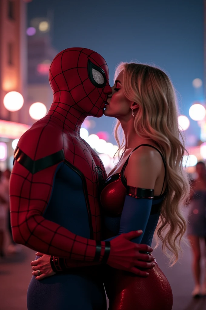 a muscular Spider-Man  kiss with supergirl in the festival in night and background Harley Quinn  stand and react shocked make the image cinematic 
