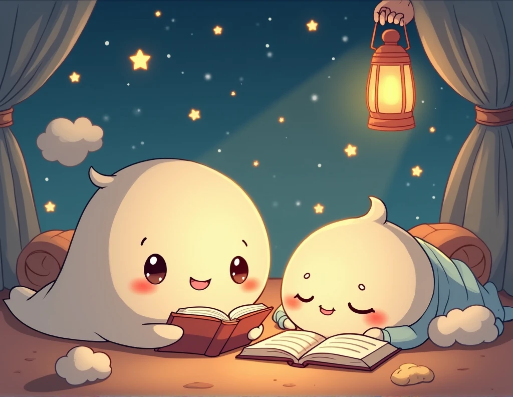 A banner with the text "Starry Stories". There is a cute, animated illustration of a starry night sky with clouds and a moon. There are also cute, round characters with big eyes. One character is reading a book, and the other is sleeping. There is a cute, round character with big eyes holding a lantern. The background is a warm, pleasant color.