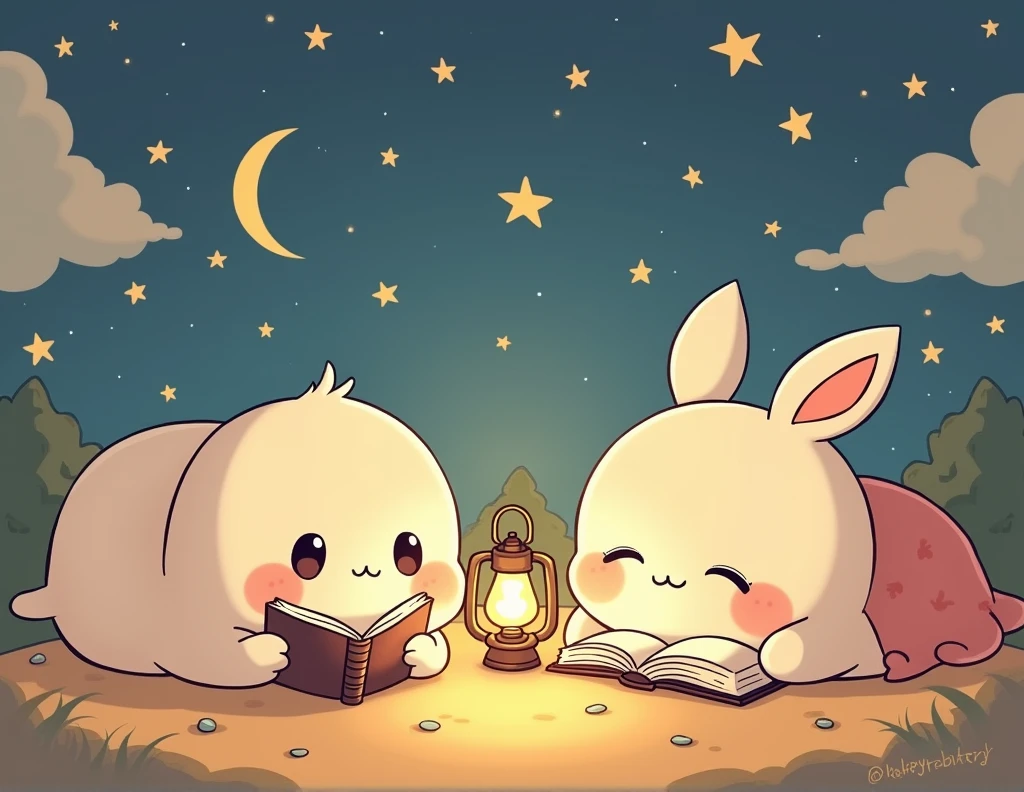 A banner with the text "Starry Stories". There is a cute, animated illustration of a starry night sky with clouds and a moon. There are also cute, round characters with big eyes. One character is reading a book, and the other is sleeping. There is a cute, round character with big eyes holding a lantern. The background is a warm, pleasant color.