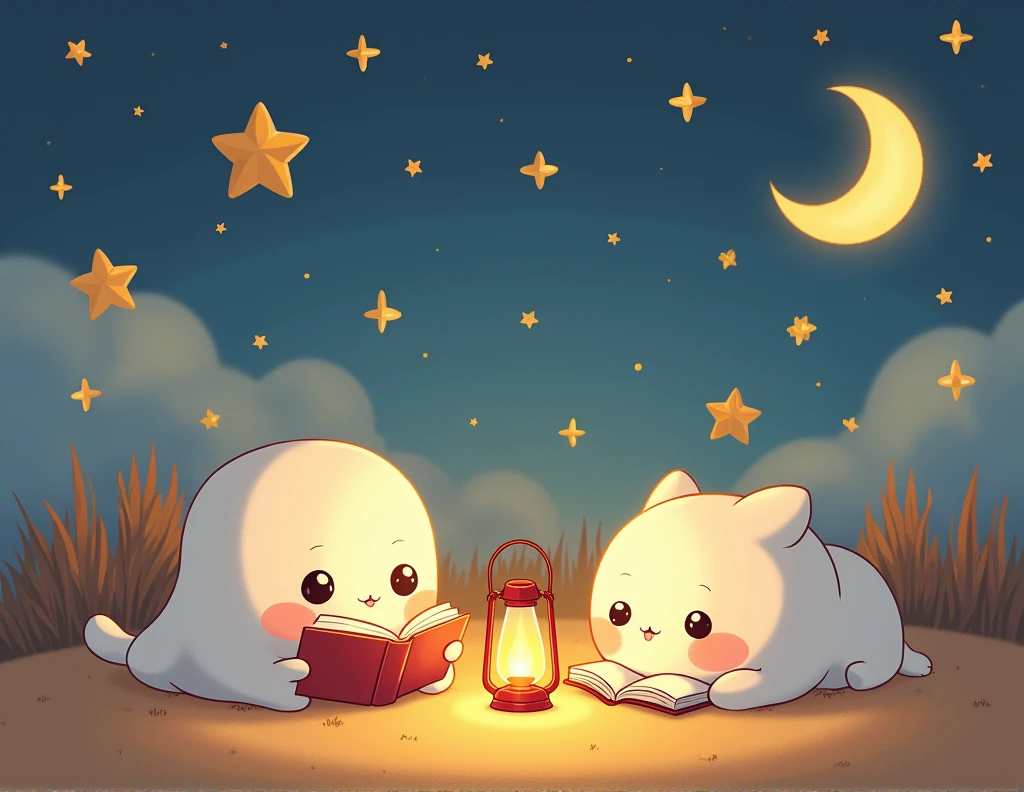 A banner with the text "Starry Stories". There is a cute, animated illustration of a starry night sky with clouds and a moon. There are also cute, round characters with big eyes. One character is reading a book, and the other is sleeping. There is a cute, round character with big eyes holding a lantern. The background is a warm, pleasant color.