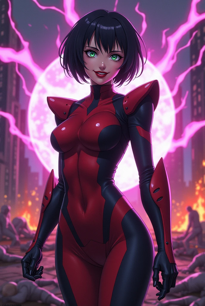 An anime style action pose of a Beautiful evil supervillain woman with short black  hair in a bob, green eyes filled with confidence, and red lips, a sadistic grin across her face.  She is wearing a high tech suit of red and black power armor and radiating purple energy. Destroying, Evil wins, burning city, lots of bodies litter the ground.