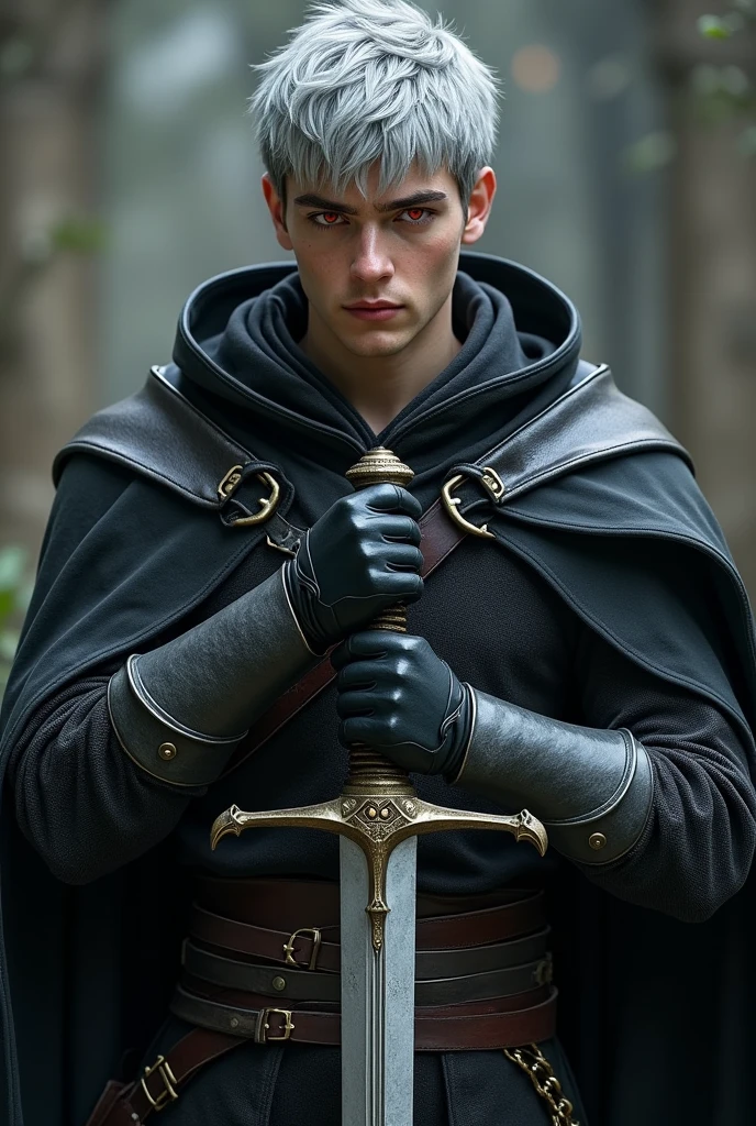 Short grey hair、Red Eyes、A fearless face、Black clothing with leather hood、Wearing gloves、Holding a medieval sword、One caucasican male Swordsman、22 year、combat style