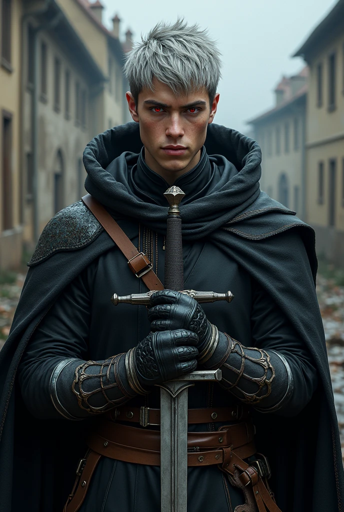 Short grey hair、Red Eyes、A fearless face、Black clothing with leather hood、Wearing gloves、Holding a medieval sword、One caucasican male Swordsman、22 year、combat style