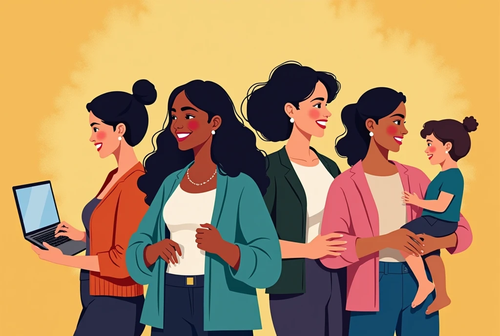 Create a realistic and clean image celebrating the strength and positivity of women. Include four diverse women in different roles: one managing work tasks, one caring for a child, one performing an office job, and one handling additional responsibilities. Each woman should be depicted clearly in her respective role, exuding confidence, resilience, and compassion. The background should be vibrant and uplifting, showcasing their emotional intelligence, adaptability, and problem-solving skills. Ensure the image highlights their individual contributions and strengths.". Generate realistic image