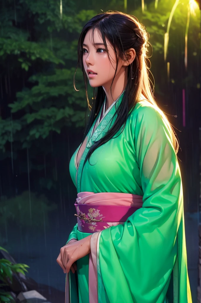 Heavy rain background、In the storm、in the forest、Walking in the river、On the run、In the fog、war (Highest quality,4K,8k,High resolution,masterpiece:1.2), Very detailed, (Realistic,Realistic,Realistic:1.3), High resolution, Hyper HD, Studio Lighting, Ultra-fine painting, Sharp focus, Physically Based Rendering, Very detailed説明, Professional, Vibrant colors, Bokeh, Sports Late Night, Ancient War Landscapes, Traditional Chinese Painting Techniques, Atmospheric lighting, Vivid color contrast, Ethereal atmosphere,Very detailed目と顔, Beautiful attention to detail, Light on the face,白いHanfu (Hanfu: 1.1),My whole body is wet、My clothes are wet and transparent、Nipples are visible、The nipples are pale pink、Rain clouds spreading across the sky、Heavy rain weather、Pouring rain、Wind and rain storm、((Soaked skin from head to toe))、((Rain-soaked clothes(Rain dripping from clothes))、((The lines of your body are clearly visible through your wet clothes...))、、(Green Eyes: 1.1)、Eyes are green、Slim figure、Small breasts、Sexy pose