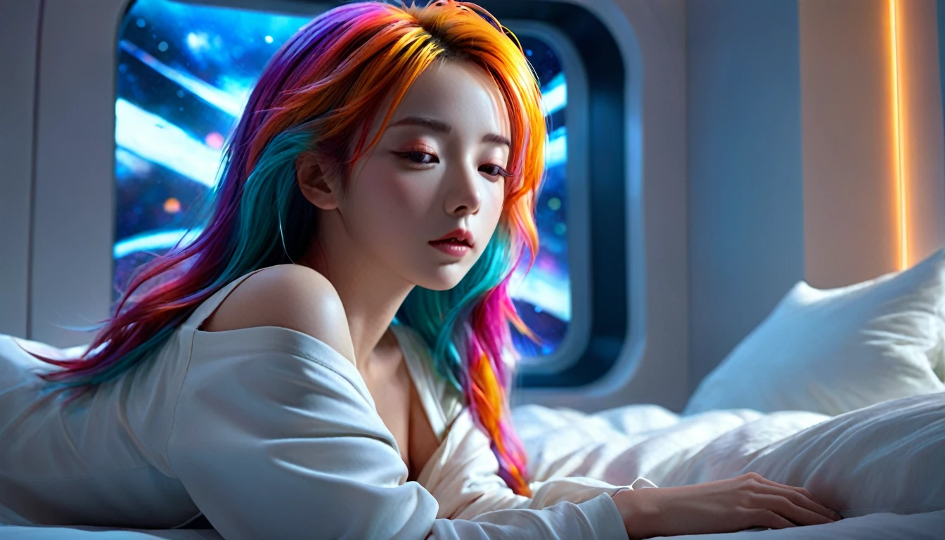 (Highest quality,8k,Very detailed:1.2),(CG,CG Art,3D Rendering),(masterpiece:1.2),(Crawling on the table),(Sexy Outfits),(Cinema Lighting,Futuristic),(Woman lying in bed,Sleep,close your eyes),(The big window behind her,quiet night),(Colorful Hair:1.5)