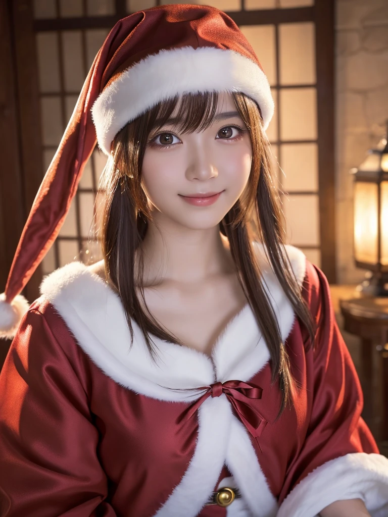 Beautiful attention to detail,Droopy eyes,Beautiful lip detail, Very detailed目と顔, Long eyelashes, 1 Japan, Fantasy Characters, (Santa Claus Costume:1.25),smile,short hair,Very detailed, Dramatic lighting, Luminous effect, haze, Intricate details, Volumetric lighting, Structure of the film, Ultra-realistic, 8k, Highest quality, masterpiece, Realistic,High-resolution correction,Snowy night town