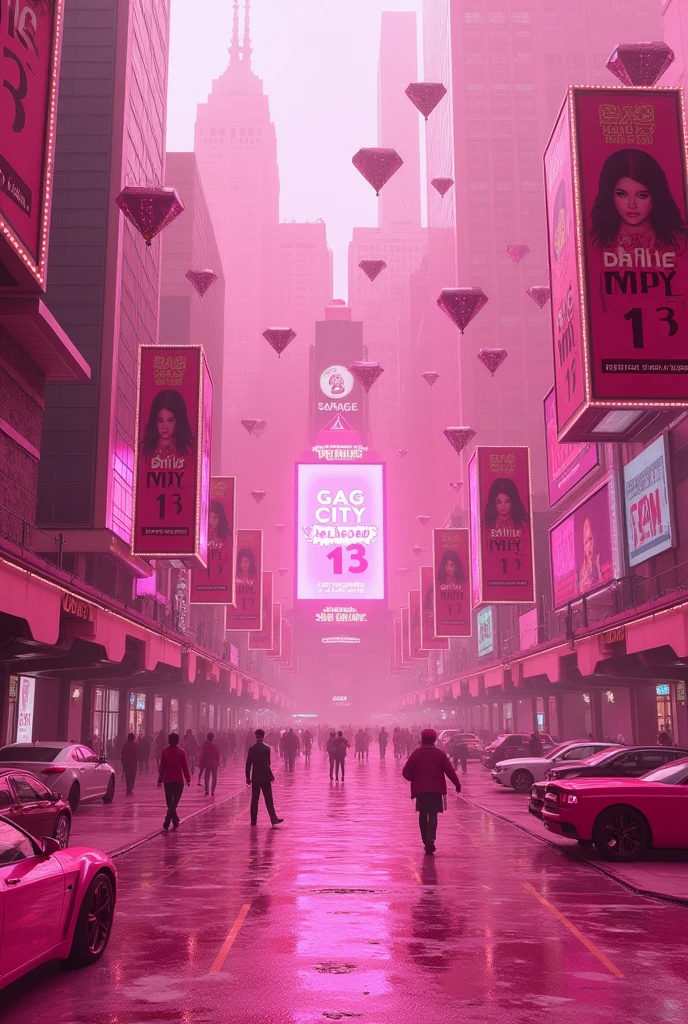 A completely pink city with many posters that say September 13th and Nicki Minaj, and on the screen it should say Gag City Reloaded with giant diamonds.