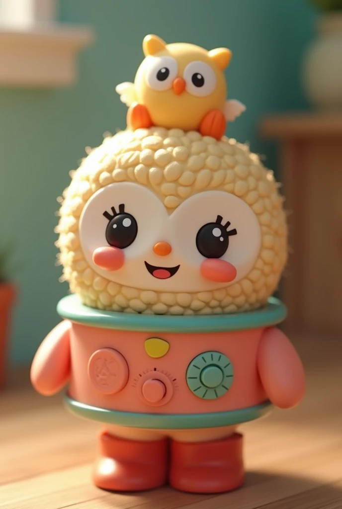 a close up of a Toy microphone with a cartoon face, Lovely Features,Cartoon owl, cute Toy, Handheld, ren's Toy, Toy design, kids , Toy, children, very Lovely Features, Sing, 4 8 0 points, 480p, Ease of use, shit, Highly detailed, Korean, Toys, Highly detailed的功能, multiple details