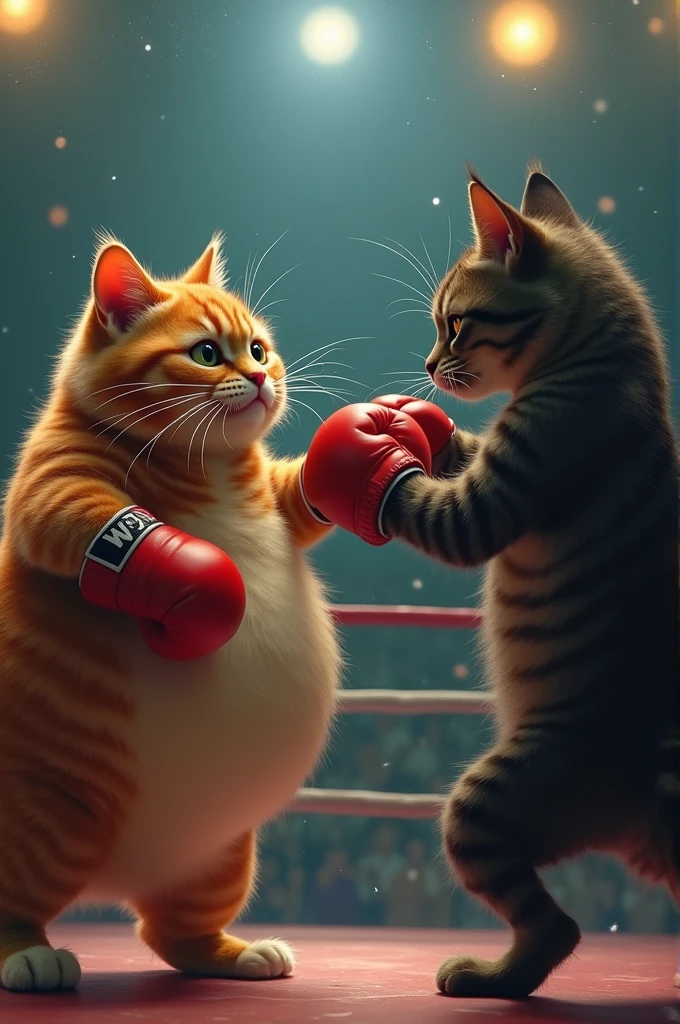 The First Match: Finally, the chubby cat is ready for its first boxing match. Facing a faster, leaner opponent, the cat is nervous but determined. The match is intense, with the chubby cat initially struggling, but it remembers the mentor’s teachings and starts using its weight to overpower the opponent.