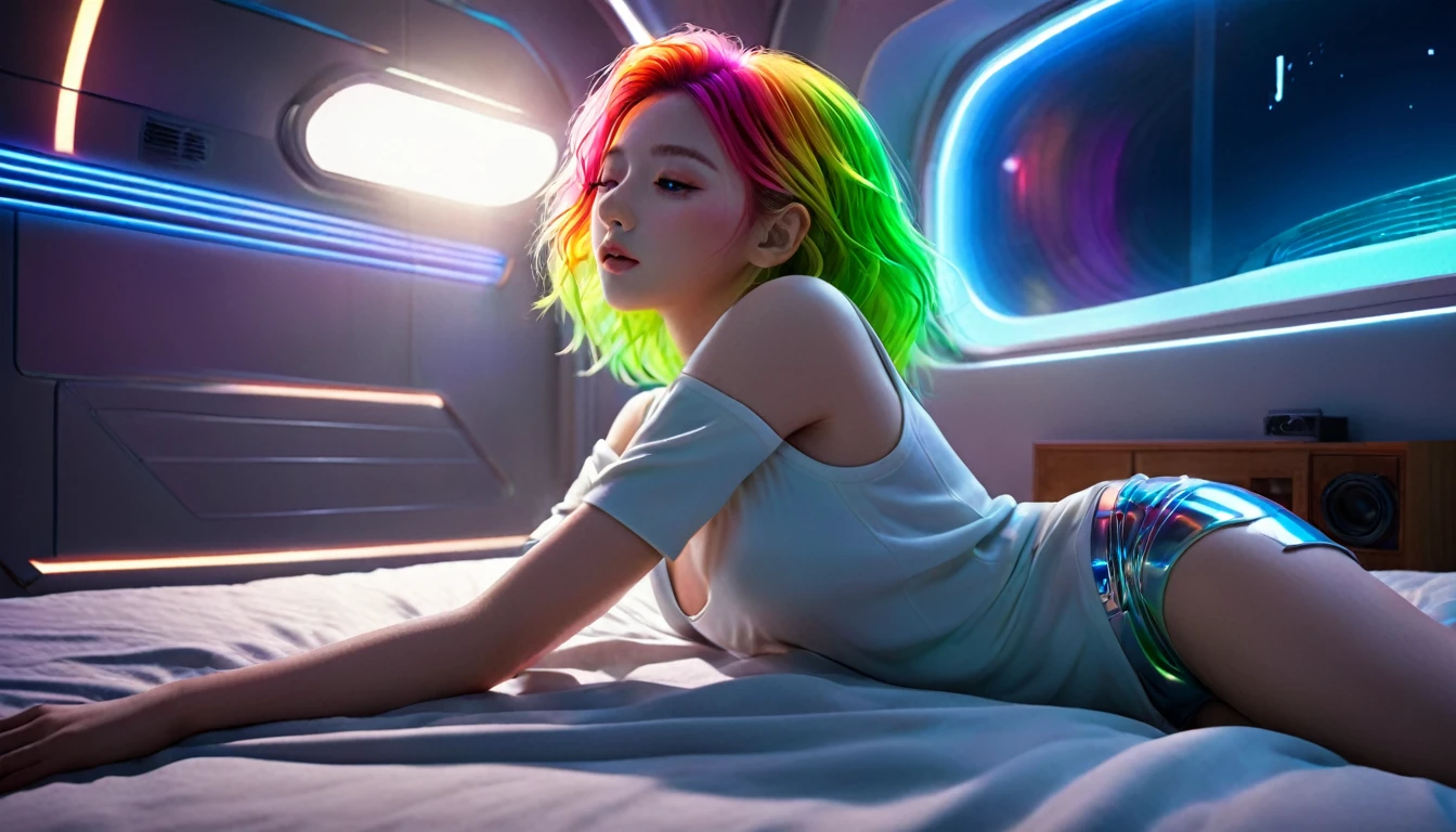 (Highest quality,8k,Very detailed:1.2),(CG,CG Art,3D Rendering),(masterpiece:1.2),（Crawling on the table），（Sexy Outfits），(Cinema Lighting,Futuristic),(Woman lying in bed,Sleep,close your eyes),(The big window behind her,quiet night),(Colorful Hair:1.5)