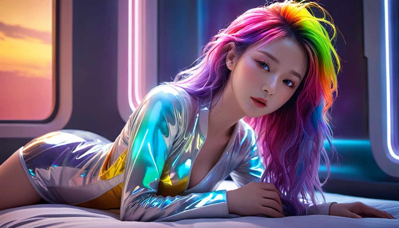 (Highest quality,8k,Very detailed:1.2),(CG,CG Art,3D Rendering),(masterpiece:1.2),(Crawling on the table),(Sexy Outfits),(Cinema Lighting,Futuristic),(Woman lying in bed,Sleep,close your eyes),(The big window behind her,quiet night),(Colorful Hair:1.5)