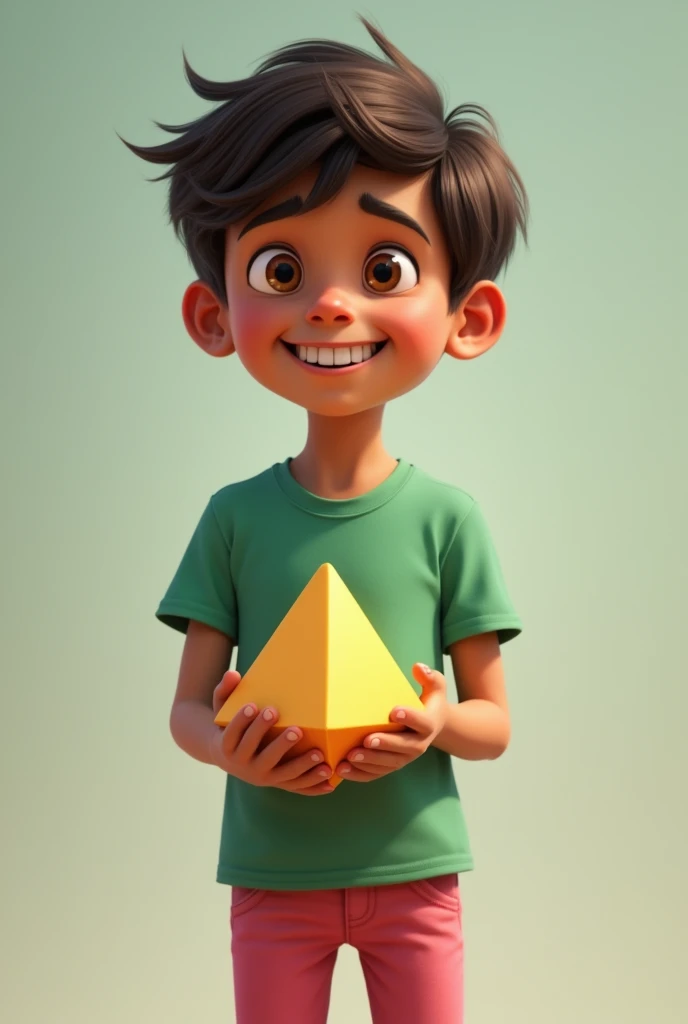 
A brown kid of  holding pyramid cube wearing green t shirt and pink skinny long pant 
Slim boy  short hair teeth out
