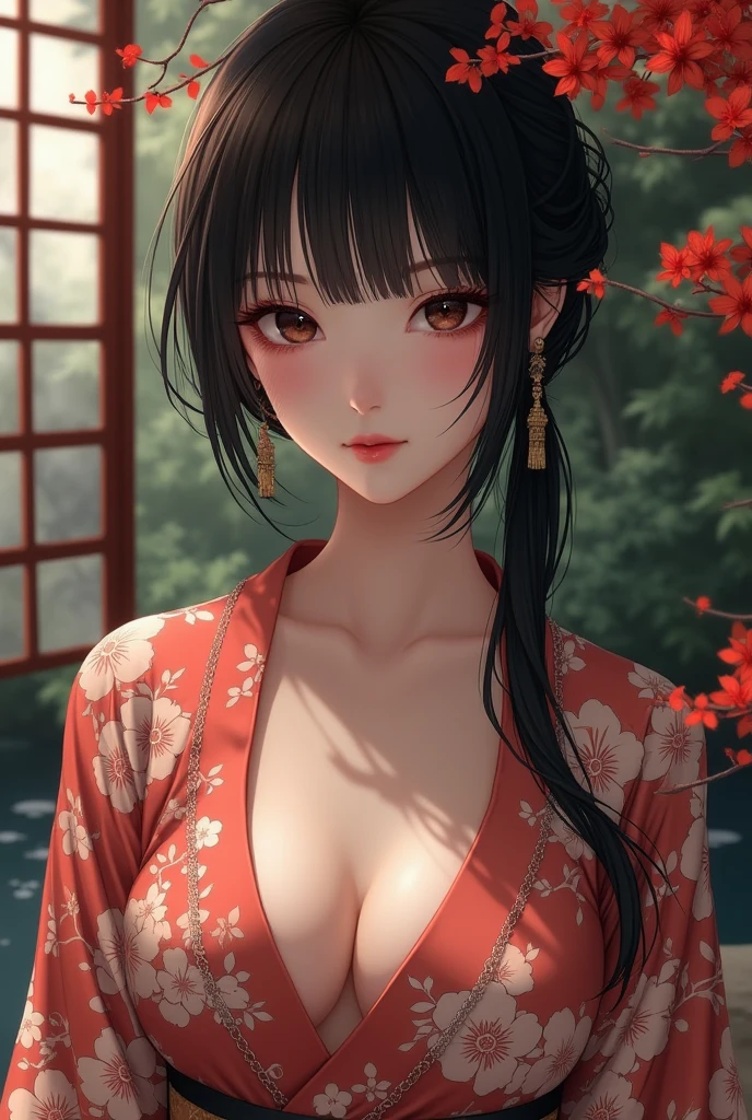 (((8k wallpaper of extremely detailed CG unit, ​masterpiece, 超A high resolution:1.2, top-quality:1.2, masutepiece))), ((extremely beautiful lady, Floating on the surface of the water, sad Facial expression)), ((extra detailed face, Highly detailed black eyes, extra detailed body, Top quality real texture skins)), (A dark-haired, Light pink eyeshadow:1.2, de pele branca, wetted skin, Small:1.6, Sexy black and red kimono:1.2, off shoulders, Exposed cleavage, exposed shoulder, Exposed legs), ((plein air, natta:1.3, lantern)), hyper realisitic, digitial painting,