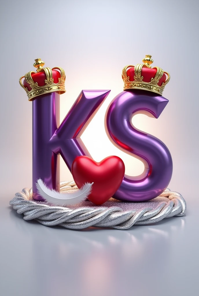 A 3d render of the two letters "K" and "S" in a purple and gold metallic font with golden British crowns above both letters and a white feather , with a light shine behind the word, and a silver swirl underneath. A red heart between both letters, The background is a light gray.