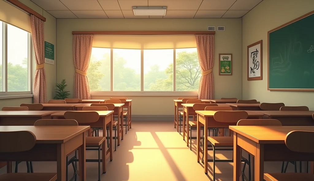 a japanese school class, no people, In the style of Makoto Shinkai。master piece, ultra detail, precision, ultra-realistic, 