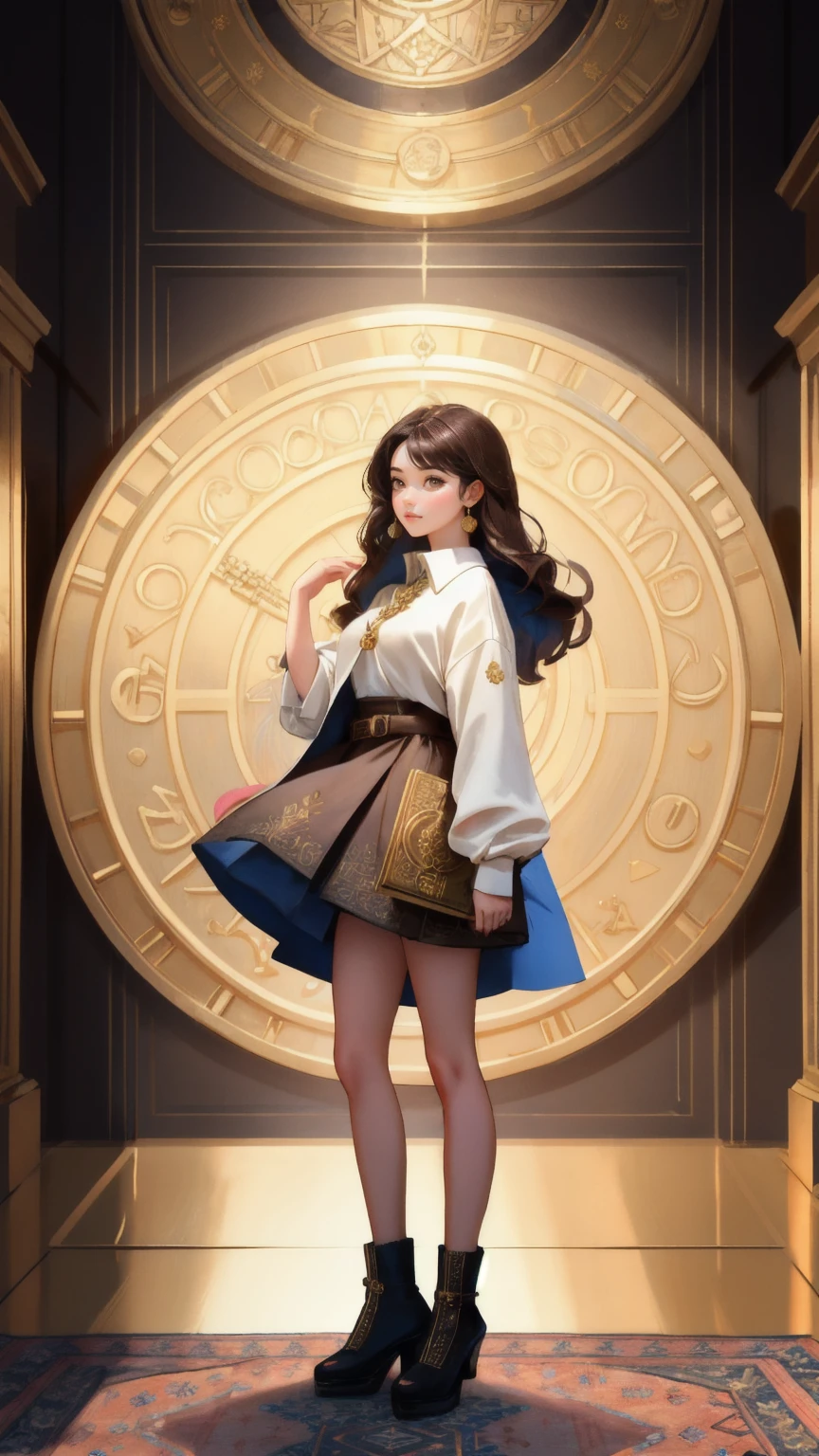 Create an image of a beautiful, cute girl standing in front of a large, ornate vault door adorned with cryptocurrency symbols. The vault door is partially open, with golden coins and digital tokens spilling out, floating around her. She is confidently reaching towards the vault, representing financial security and opportunity. The background should be a rich brown, enhancing the theme of 'Rug-Pull-Proof Carpet' with a warm, inviting tone.