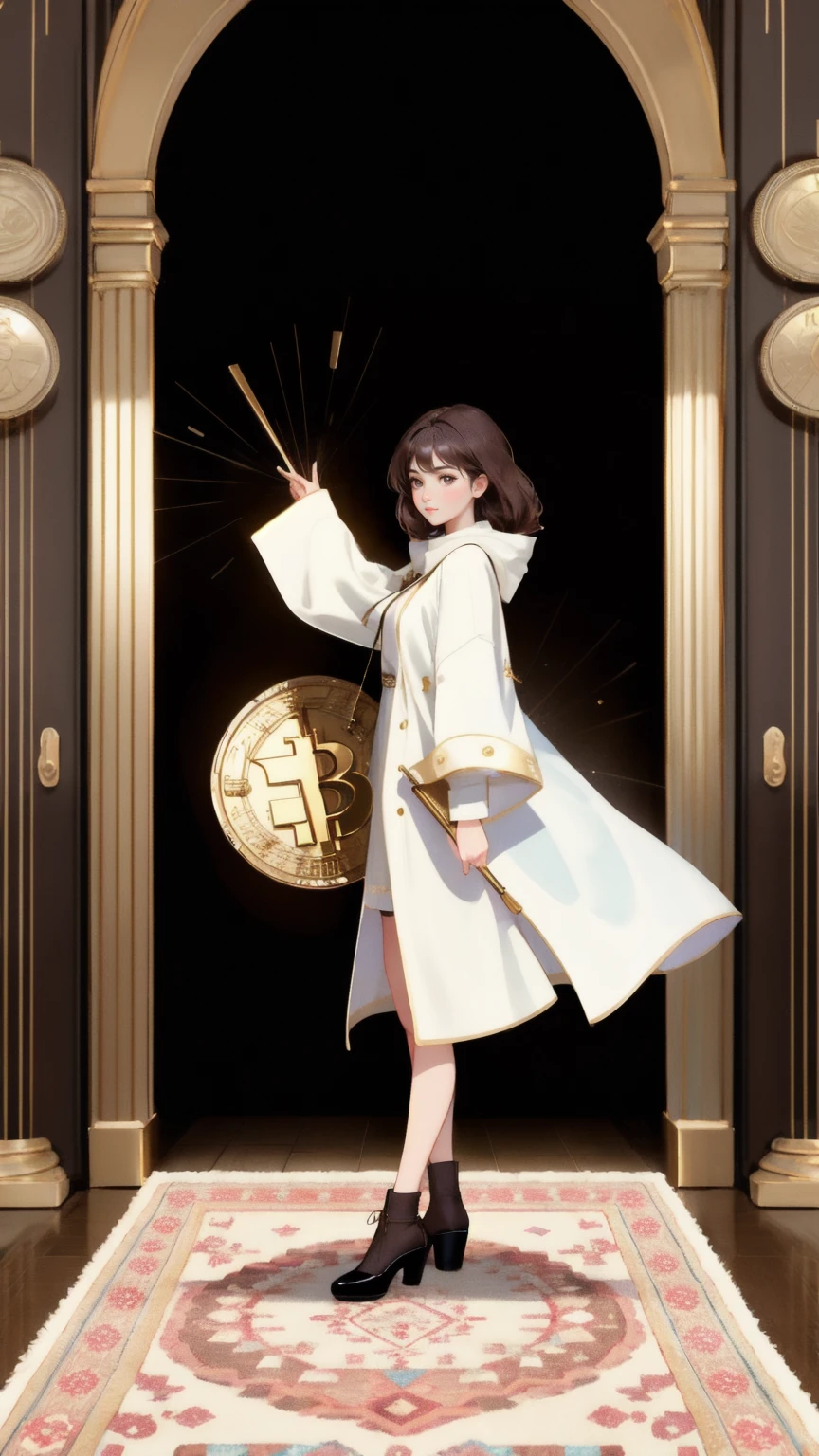 Create an image of a beautiful, cute girl standing in front of a large, ornate vault door adorned with cryptocurrency symbols. The vault door is partially open, with golden coins and digital tokens spilling out, floating around her. She is confidently reaching towards the vault, representing financial security and opportunity. The background should be a rich brown, enhancing the theme of 'Rug-Pull-Proof Carpet' with a warm, inviting tone.