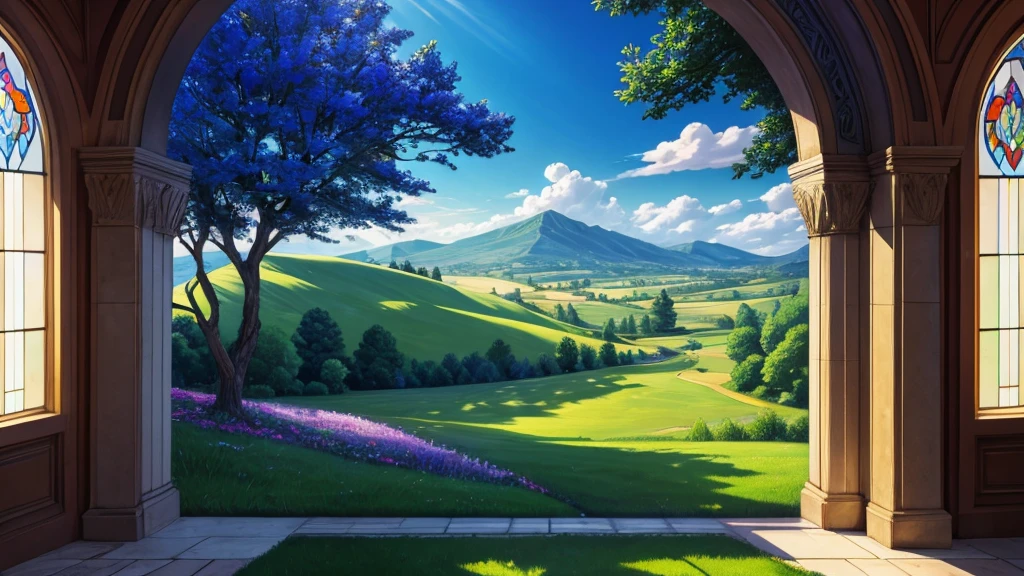 landscape mural, a tree of lapis lazuli semiprecious stones, rolling hills, strong visual flow, stained glass
