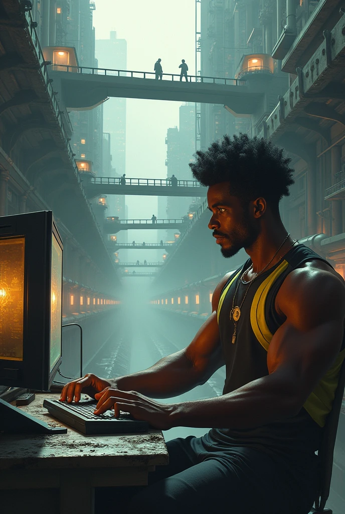afro,  muscular black man using computer, 1, short black hair with round curls and bright yellow eyes wearing a black and yellow tank top. In a futuristic underground city with gray tones from factory pollution. Above several floating walkways and on top another cleaner city.