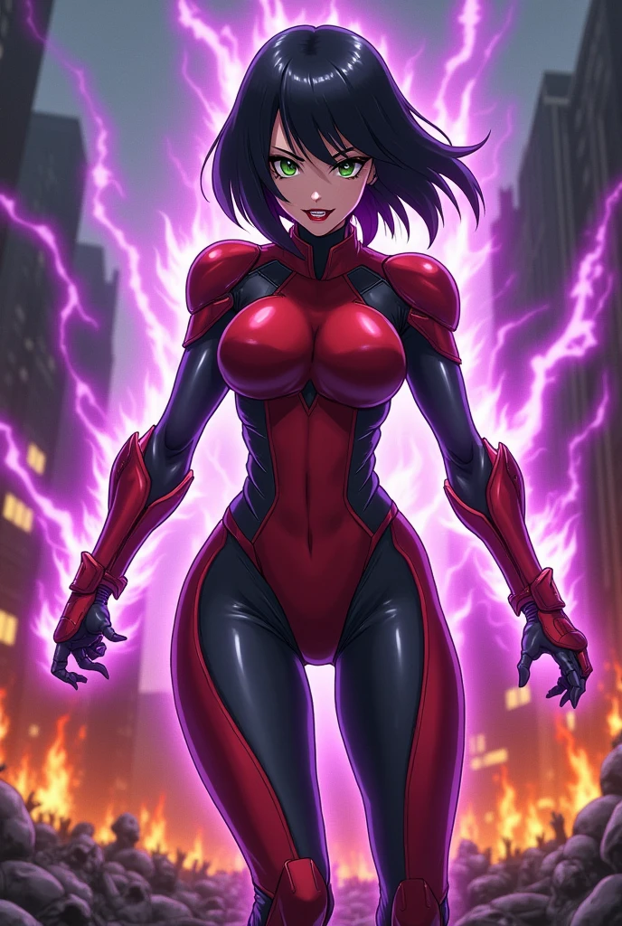 An anime style action pose of a Beautiful evil supervillain woman with short black  hair in a bob, green eyes filled with confidence, and red lips, a sadistic grin across her face.  She is wearing a high tech suit of red and black power armor and radiating purple energy. Destroying, Evil wins, burning city, lots of bodies litter the ground.