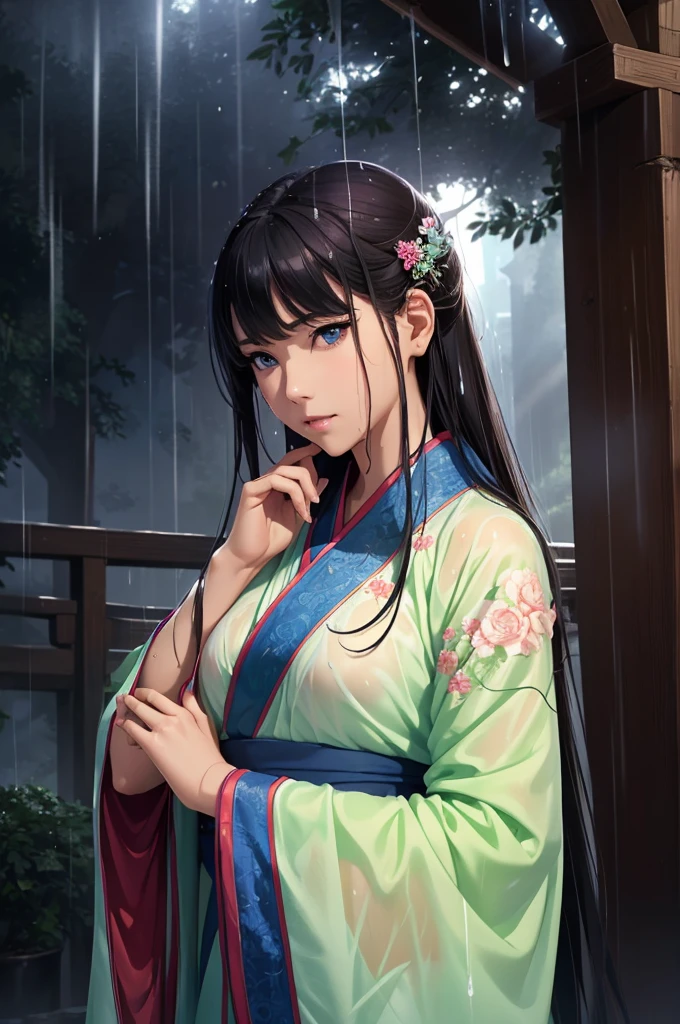 Heavy rain background、In the storm、in the forest、Walking in the river、On the run、In the fog、war (Highest quality,4K,8k,High resolution,masterpiece:1.2), Very detailed, (Realistic,Realistic,Realistic:1.3), High resolution, Hyper HD, Studio Lighting, Ultra-fine painting, Sharp focus, Physically Based Rendering, Very detailed説明, Professional, Vibrant colors, Bokeh, Sports Late Night, Ancient War Landscapes, Traditional Chinese Painting Techniques, Atmospheric lighting, Vivid color contrast, Ethereal atmosphere,Very detailed目と顔, Beautiful attention to detail, Light on the face,白いHanfu (Hanfu: 1.1),My whole body is wet、My clothes are wet and transparent、Nipples are visible、The nipples are pale pink、Rain clouds spreading across the sky、Heavy rain weather、Pouring rain、Wind and rain storm、((Soaked skin from head to toe))、((Rain-soaked clothes(Rain dripping from clothes))、((The lines of your body are clearly visible through your wet clothes...))、、(Green Eyes: 1.1)、Eyes are green、Slim figure、Small breasts、Sexy pose