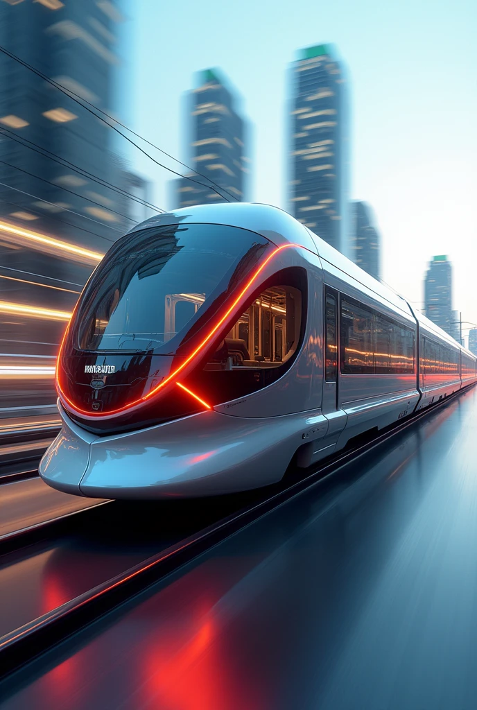 intricate detailed autonomous rail rapid transit vehicle,hyper realistic 8k CGI render,highly detailed exterior and interior,seamless futuristic design,dynamic motion blur,dramatic lighting, cinematic composition, vibrant color palette, metallic sheen, smooth aerodynamic curves, sleek minimal aesthetics, advanced technology, urban cityscape background, clean modern architecture