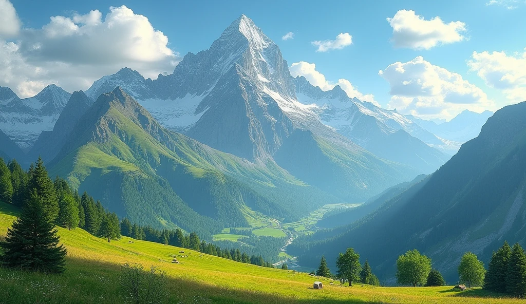 ((Masterpiece))((beautiful))((realistic))green mountain and yellow green tuorqois sky with Oren sky blue snow ,no people,size 4MB,